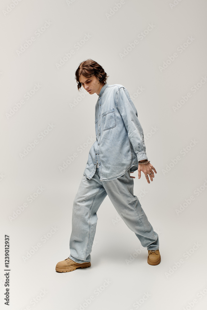 A handsome young man in denim attire strikes a fashionable pose, highlighting his trendy style. A handsome young man in denim attire strikes a fashionable pose, highlighting his trendy style.