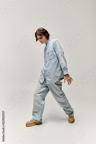 A handsome young man in denim attire strikes a fashionable pose, highlighting his trendy style. photo