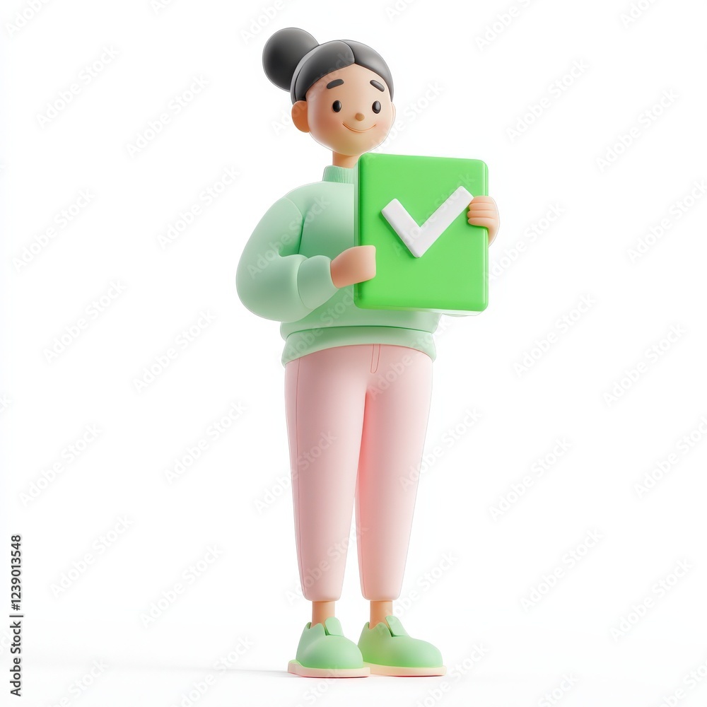 A cartoon boy proudly holds a bright green check mark in his hand A cartoon boy proudly holds a bright green check mark in his hand