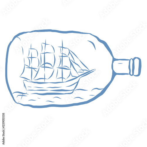 Line Art Illustration of Ship in the Bottle. Vector Graphic.