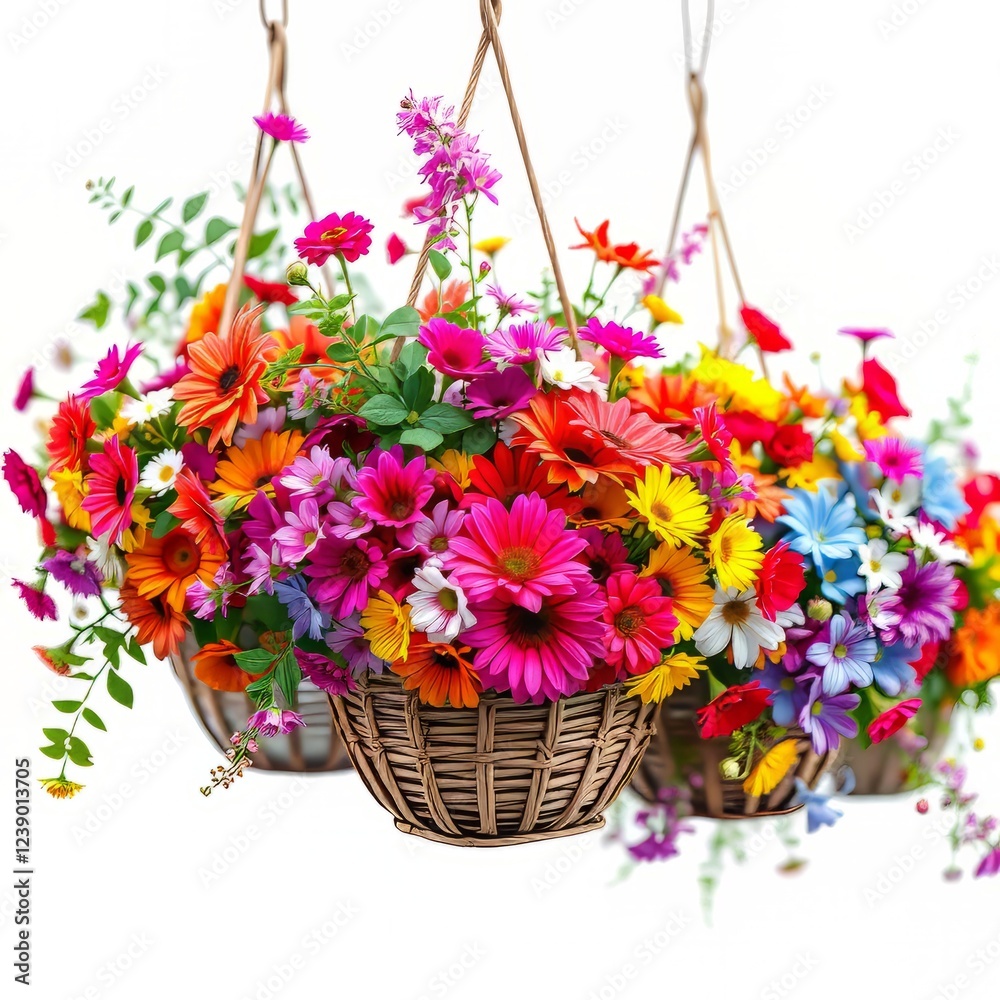 Fototapeta premium Cascading Floral Symphony in Weathered Baskets