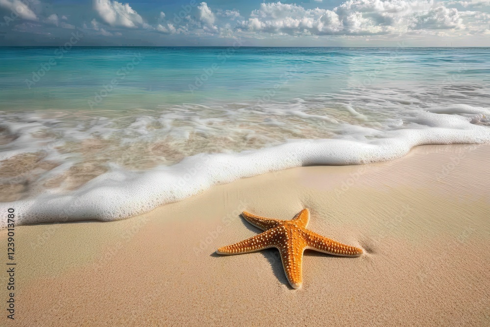 A starfish is currently laying on the sandy beach near the ocean A starfish is currently laying on the sandy beach near the ocean