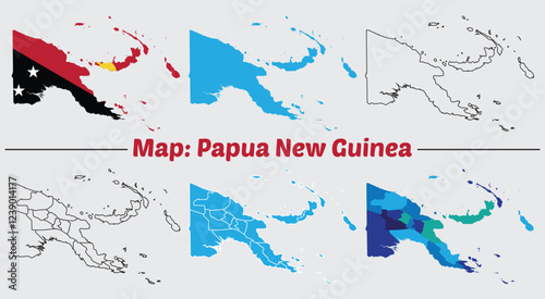 Papua New Guinea map with sunbeams on white background. Flat map of Papua New Guinea with flag.