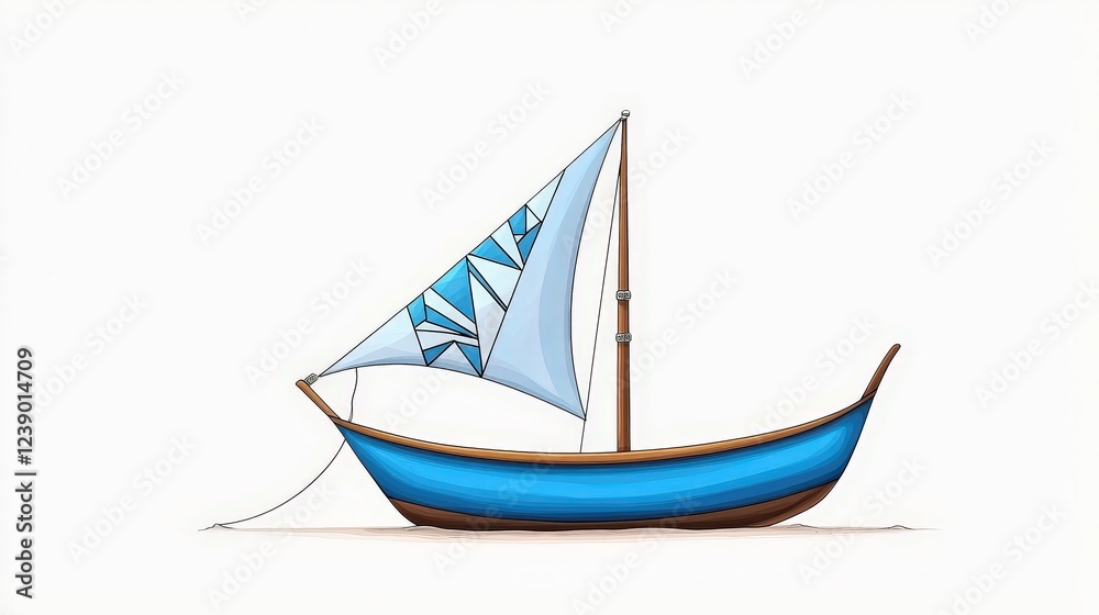Obraz premium Colorful Wooden Boat with Blue Sail and Abstract Design on a White Background