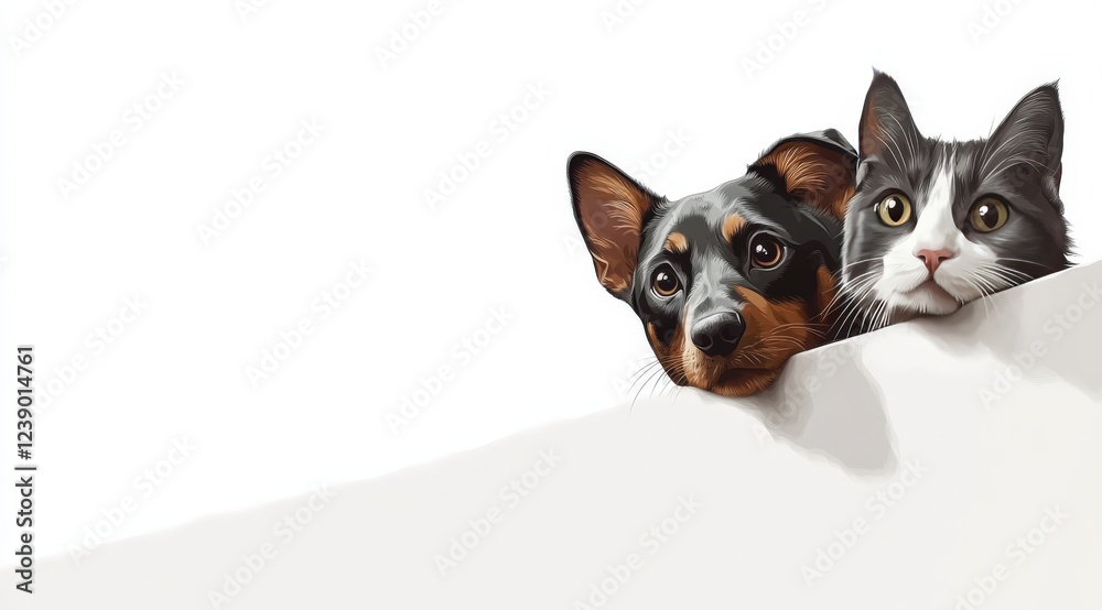 A curious dog and a playful cat are peeking over a white sign A curious dog and a playful cat are peeking over a white sign