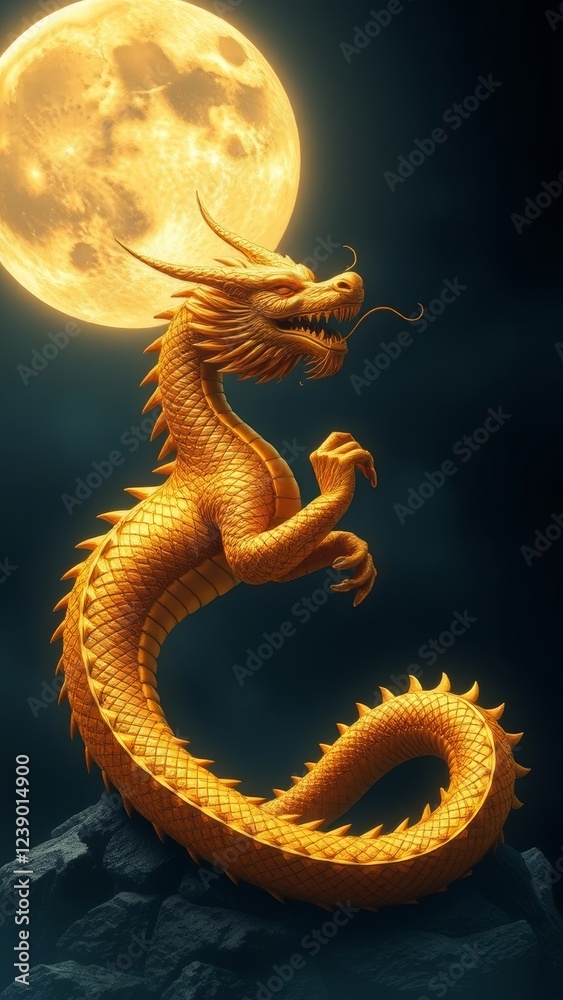 Obraz premium Golden Dragon Under the Full Moon � Majestic Night Background