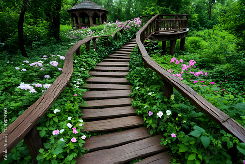 Verwunschene Gartenlandschaft mit gewundener Holztreppe – Romantischer Pfad ins Grüne  
 photo