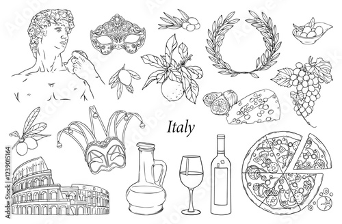 Set of vector linear illustrations Italy. Colosseum, David, olive, cheese, fig, laurel wreath, carnival masks, wine, pizza. Vector hand drawn illustration.