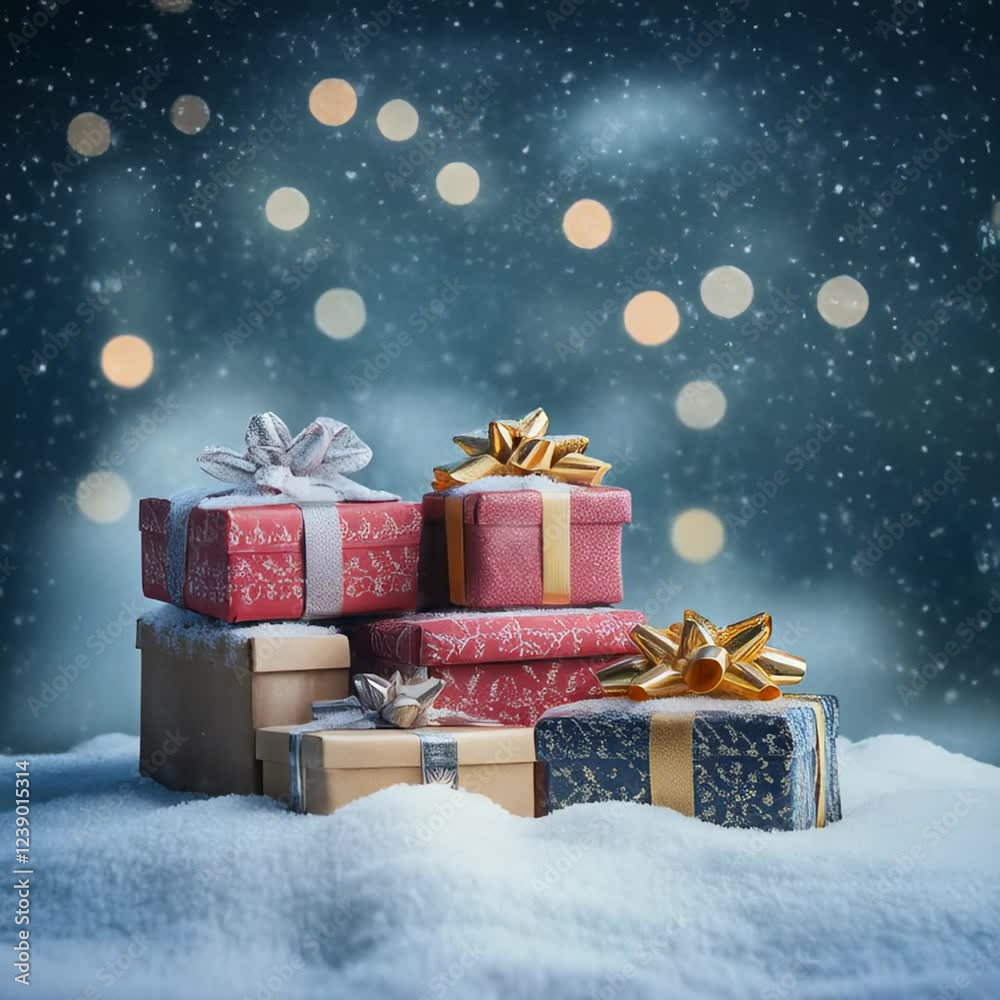 Festive Holiday Gifts Wrapped with Colorful Bows Nestled in Soft Snow Under a Starry Winter Sky Creating a Magical Seasonal Atmosphere