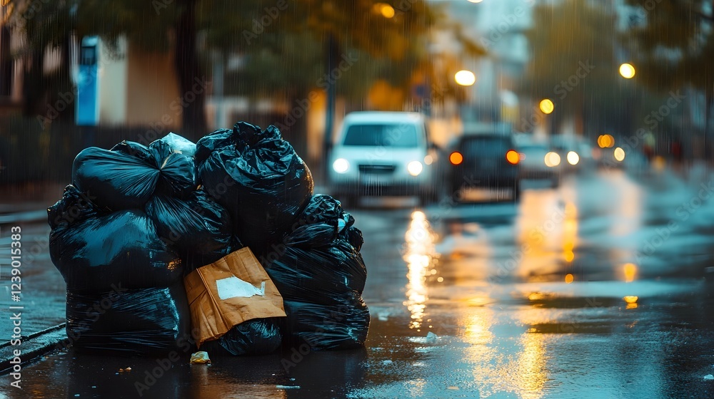 Obraz premium Stacked Garbage Bags on Wet Urban Street After Rainstorm