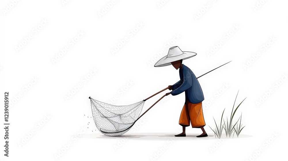 Fototapeta premium Fisherman in Traditional Attire Casting Net by Water Edge at Sunset with Tropical Landscape