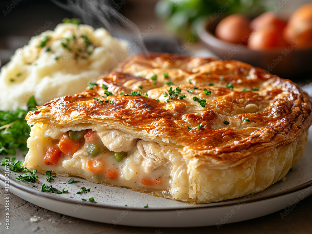 slice of savory pie with visible filling of vegetables like peas and carrots, garnished with herbs and spices. There is a side of mashed potatoes on the plate. slice of savory pie with visible filling of vegetables like peas and carrots, garnished with herbs and spices. There is a side of mashed potatoes on the plate.