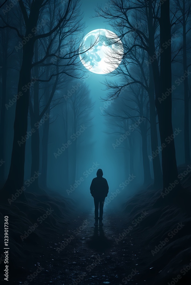 Fototapeta premium Night forest, Moon lights the path
