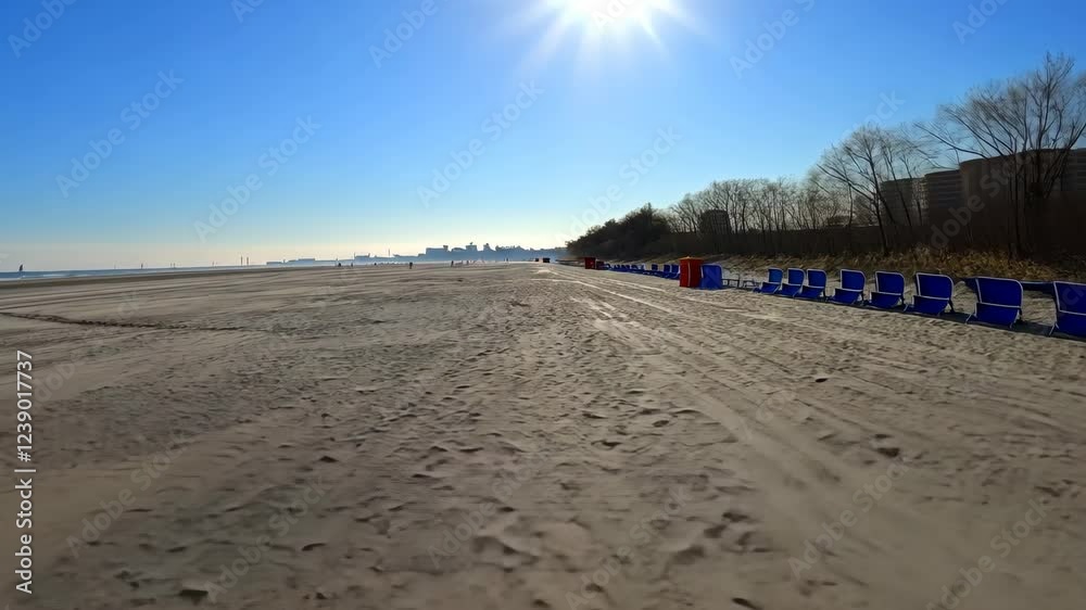 Bright sunny day at the beach with empty chairs lining the shore and distant city skyline visible under clear blue skies