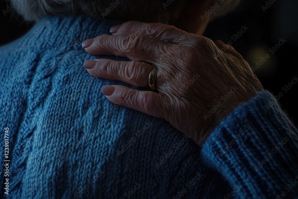 Fototapeta premium A woman wearing a blue sweater is gently holding another woman s shoulder