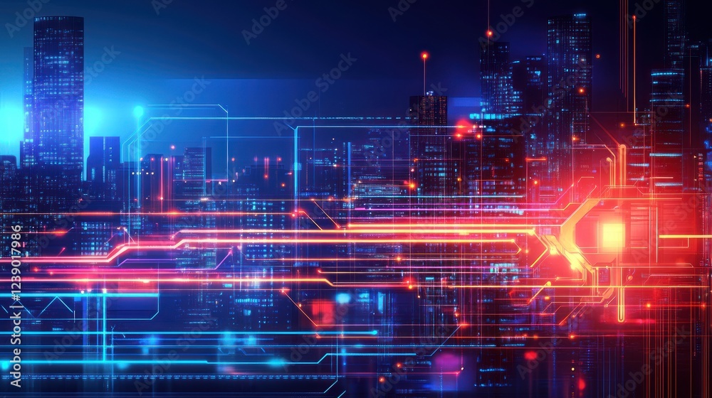 Obraz premium Futuristic cityscape with vibrant digital network overlay at night.