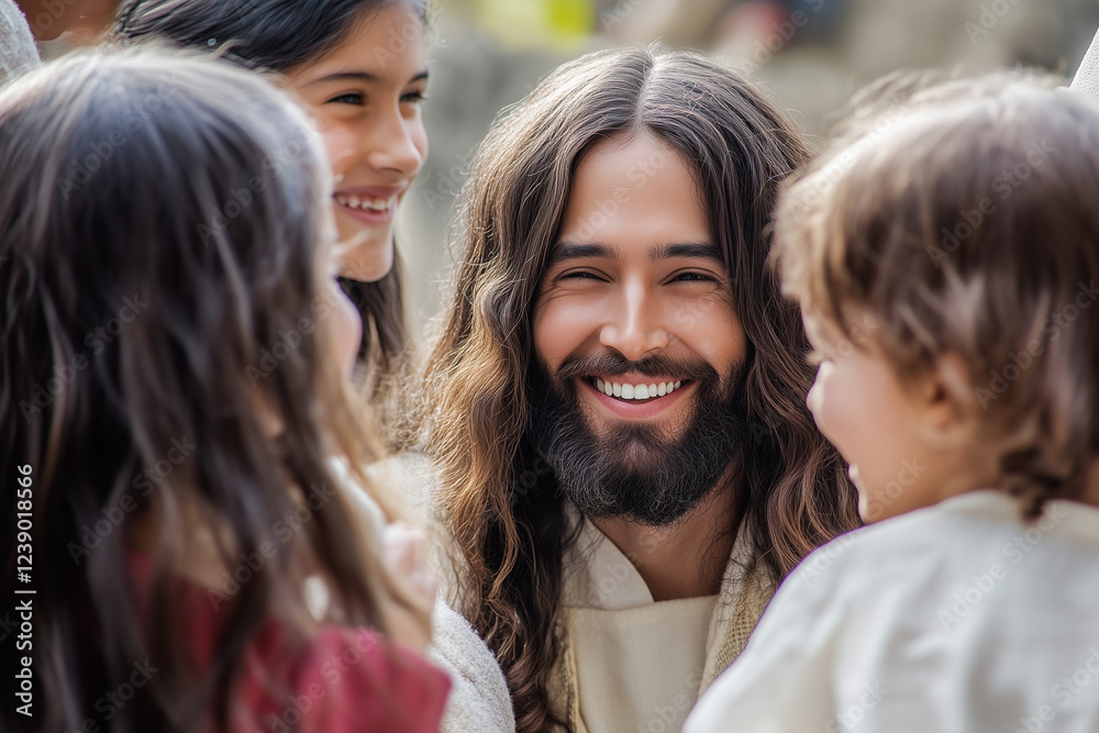 A Compassionate Portrait of Jesus Christ Engaging with Children, Sharing His Timeless Message of Love, Hope, and Spiritual Guidance in a Reverent Scene A Compassionate Portrait of Jesus Christ Engaging with Children, Sharing His Timeless Message of Love, Hope, and Spiritual Guidance in a Reverent Scene
