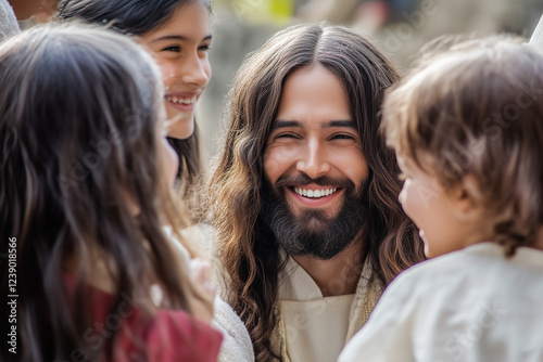 A Compassionate Portrait of Jesus Christ Engaging with Children, Sharing His Timeless Message of Love, Hope, and Spiritual Guidance in a Reverent Scene