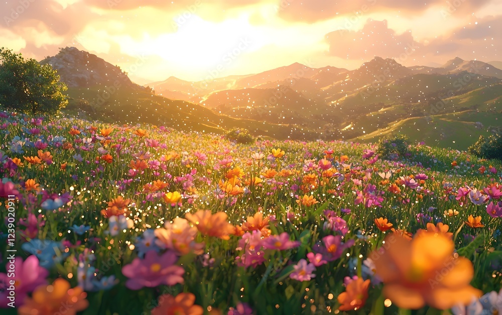 Fototapeta premium A vibrant field filled with colorful flowers in various shades of pink, orange, and blue, set against a stunning sunset over rolling hills, creating a peaceful and enchanting atmosphere.