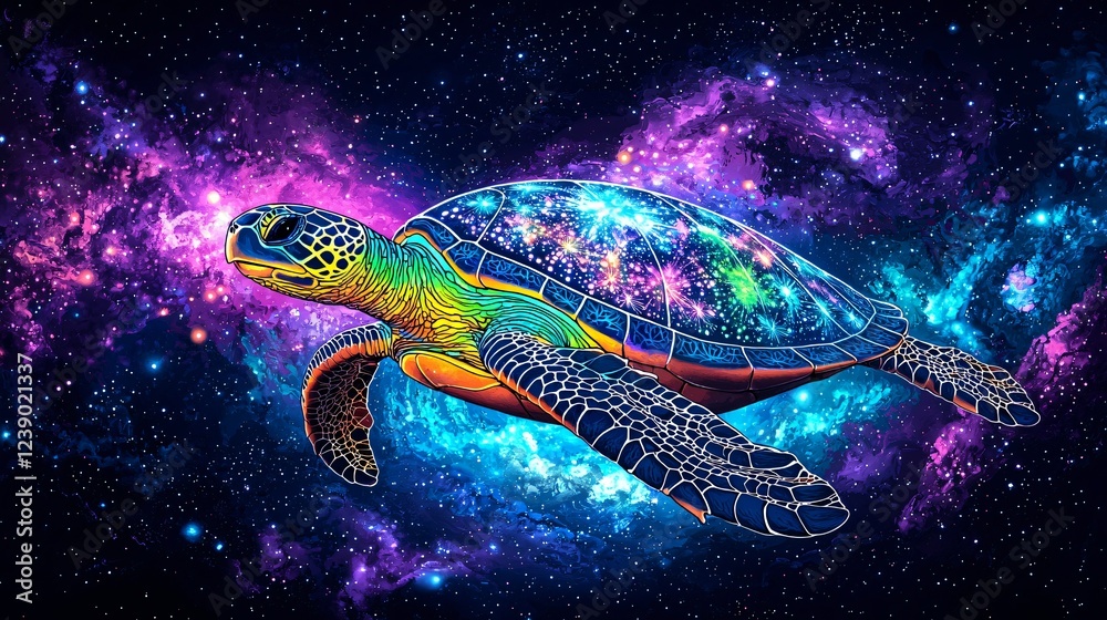 Cosmic Turtle swims nebula, space background; art print Cosmic Turtle swims nebula, space background; art print
