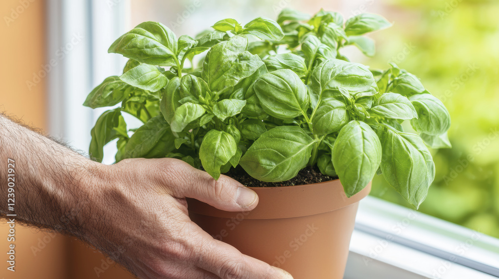 hand holding basil plant in pot near window, showcasing vibrant green leaves and natural light hand holding basil plant in pot near window, showcasing vibrant green leaves and natural light