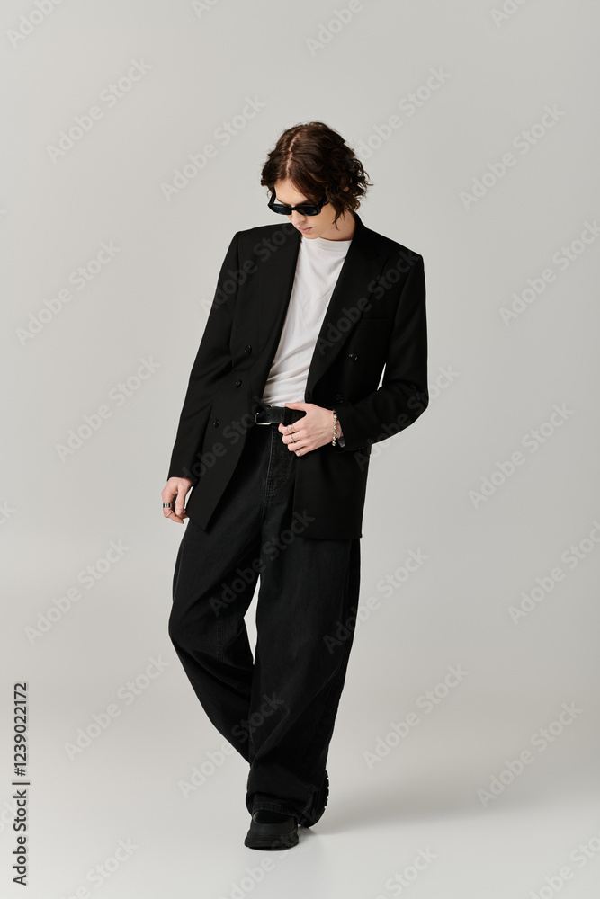 Handsome young man in a tailored black suit exudes confidence and style in a chic studio. Handsome young man in a tailored black suit exudes confidence and style in a chic studio.