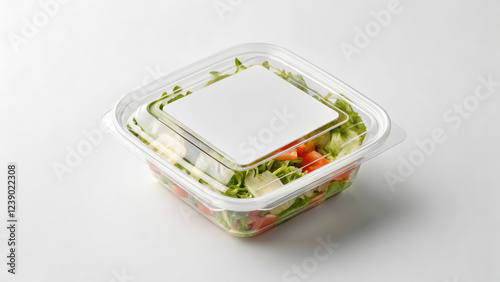 Transparent salad container mockup on white surface
