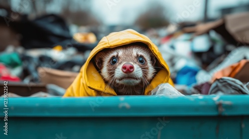 This image captures a charming ferret in a yellow raincoat, exploring a messy area filled with various types of waste, highlighting its adventurous nature.