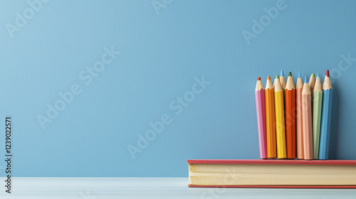Colorful pencils arranged on book against blue background, creating vibrant and creative atmosphere