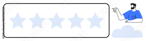 Five stars inside a rectangle, human figure pointing with finger to the right, seated on cloud. Ideal for customer feedback, service quality, satisfaction, review systems, rating scales, user