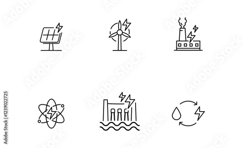 Set of Power plant or Renewable Energy icon, Nuclear Power Plant, Wind Turbines, Ecology, Solar Energy, Hydropower Plant. Outline icon, Editable Stroke
