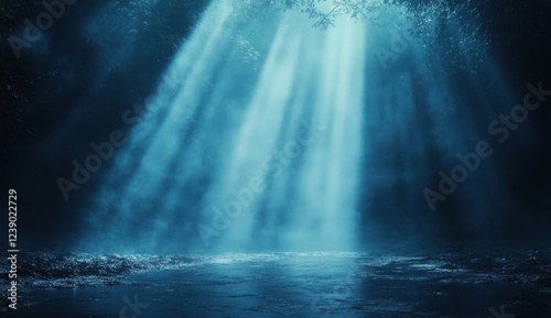 Mystical Dark Scene with Blue Light and Fog in Empty Studio Environment