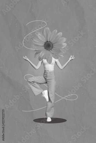 Photo artwork minimal collage picture of charming lady flower instead of head practicing yoga isolated drawing background photo