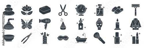 Beauty and Spa icons set, Included icons as Bamboo, Soap, Feather, Lotus Flower and more symbols collection, logo isolated vector illustration