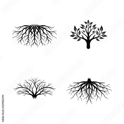 set of silhouettes of trees roots bundle