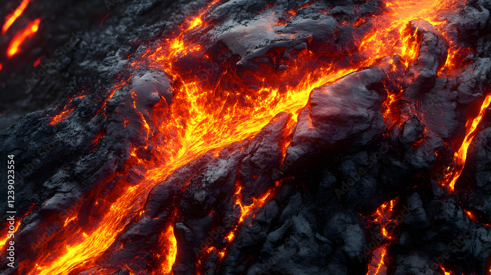 A 3D digital lava flow in magma orange and basalt, destructive and primal A 3D digital lava flow in magma orange and basalt, destructive and primal