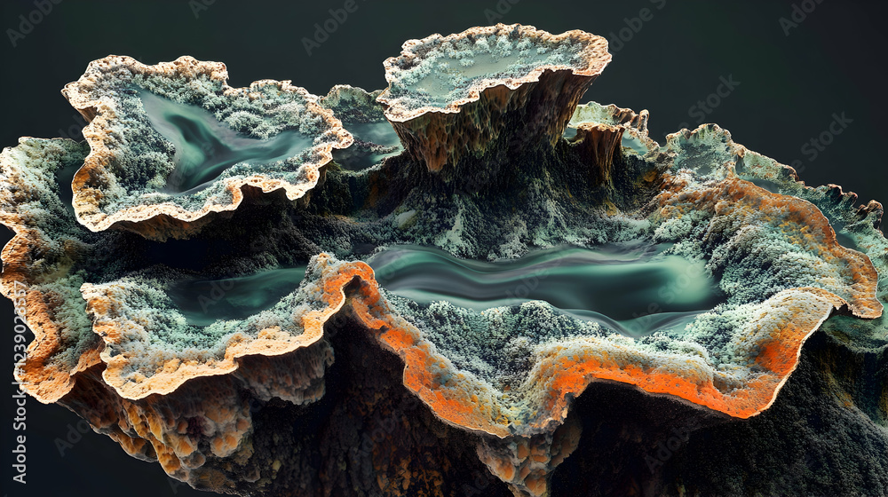 Fototapeta premium A 3D digital lichen in moss agate and decayed umber, organic and pixelated