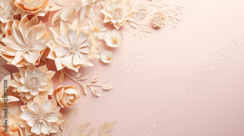 paper cut of power point background with soft flowers and light pastel tones, empty space in the center,generative ai illustration