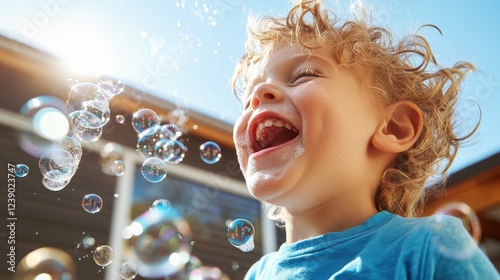 A joyful child burst into laughter surrounded by floating bubbles, capturing a moment of unfiltered happiness and showcasing the lightheartedness of childhood.