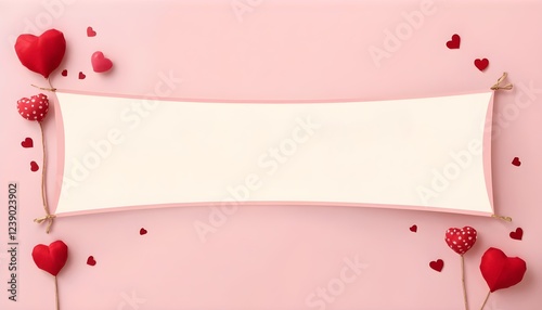 Valentine's Day Blank Banner Against a Soft Pink Background Adorned with Red Heart Decorations with Copy Space