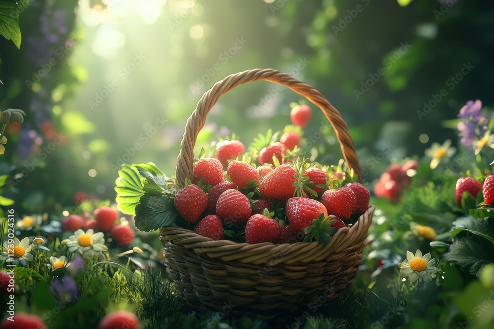 Fresh Red Strawberries in a Woven Basket Surrounded by Lush Greenery and Colorful Flowers Fresh Red Strawberries in a Woven Basket Surrounded by Lush Greenery and Colorful Flowers