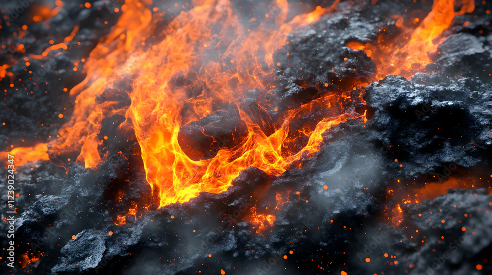 A 3D digital wildfire in magma orange and ash gray, destructive and dynamic A 3D digital wildfire in magma orange and ash gray, destructive and dynamic