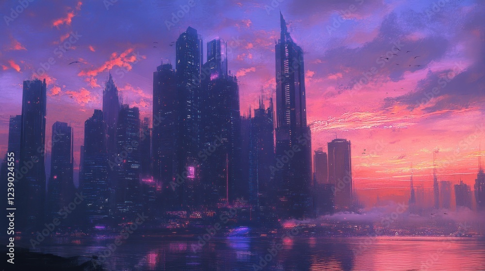 Fototapeta premium Futuristic Cityscape at Sunset Over Water