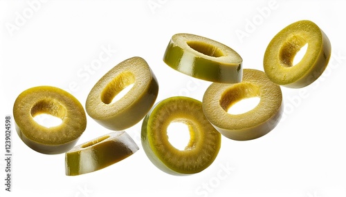 falling inexperienced olive slices isolated on white background