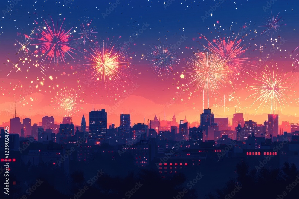 Fototapeta premium Festive Fireworks Display Over City Skyline at Dusk