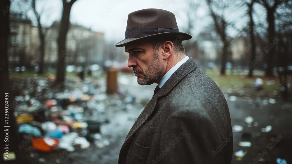 A thoughtful man dressed in a classic suit and fedora wanders through a chaotic landscape of trash, juxtaposing personal dignity against urban neglect. A thoughtful man dressed in a classic suit and fedora wanders through a chaotic landscape of trash, juxtaposing personal dignity against urban neglect.