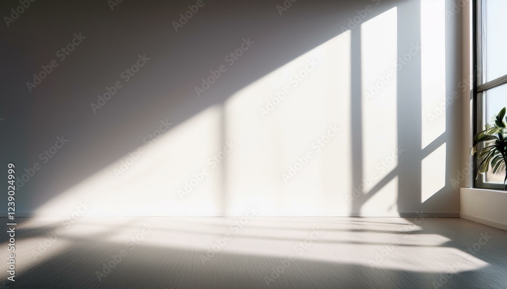 Obraz premium sunlight shadows on a white wall and floor background backdrop banner image with window for online presentations and zoom meetings idea for copy space