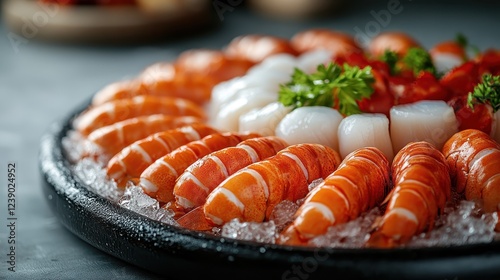 A close-up image showcasing an artistic seafood display, with shrimp and scallops presenting a vibrant and colorful feast on ice, appealing to culinary enthusiasts. photo