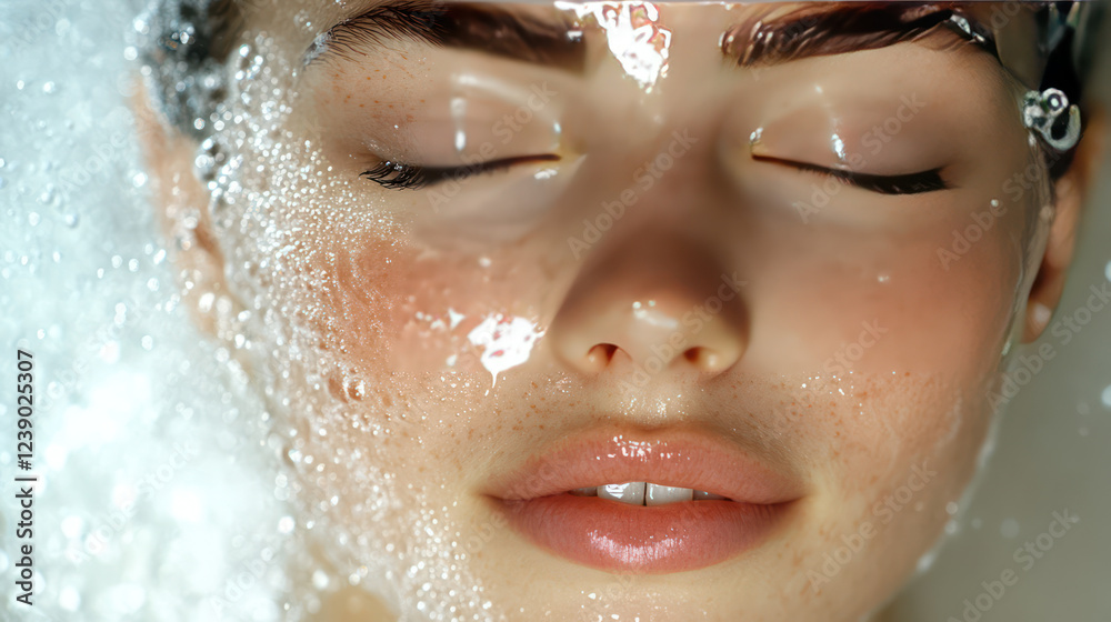 Close-up of a face with foamy deep cleansing treatment, water droplets glistening on smooth skin Close-up of a face with foamy deep cleansing treatment, water droplets glistening on smooth skin