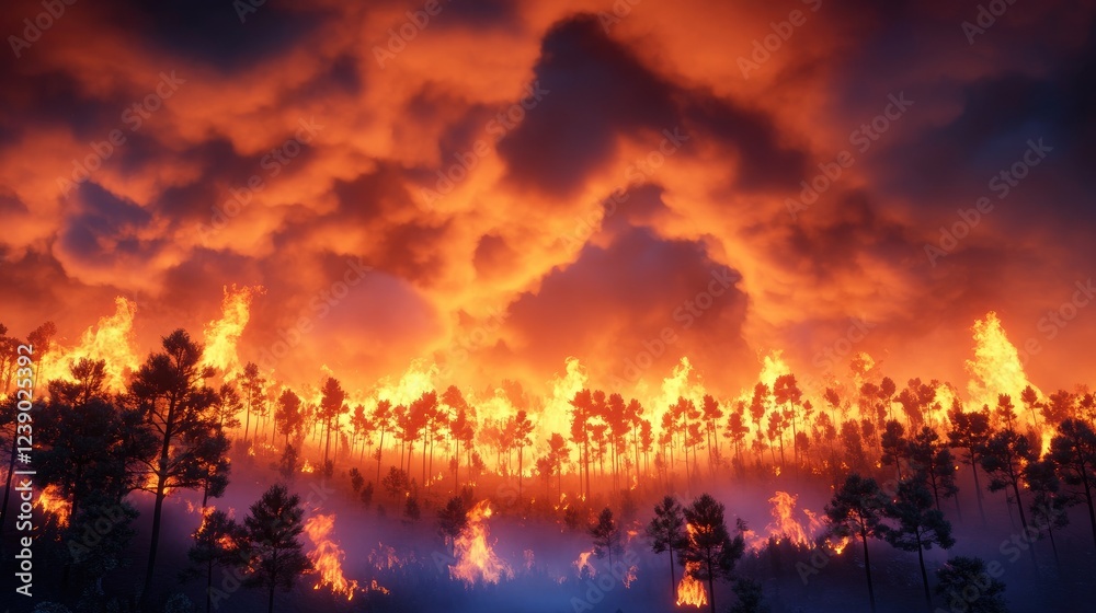 Intense Forest Fire Under Darkening Skies Evening Intense Forest Fire Under Darkening Skies Evening